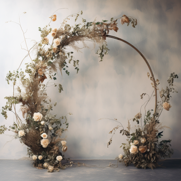 Rustic Pampas Rose Round Arch - A captivating round arch frame adorned with whimsical pampas grass and elegant roses, creating a charming and natural centerpiece
