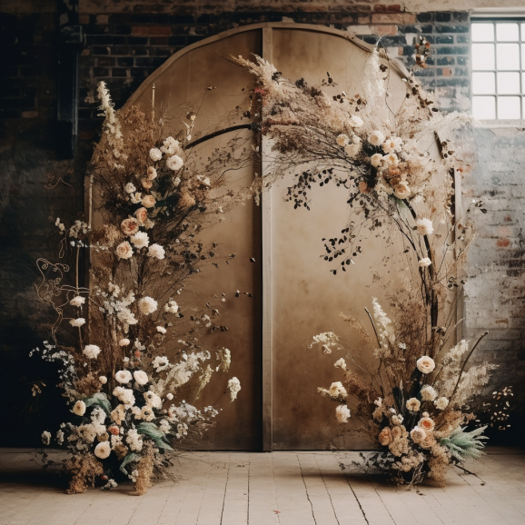 Enchanting Rustic Pampas Arch - A captivating blend of industrial chic and natural beauty, adorned with ethereal pampas greenergy branches and delicate roses, perfect for elevating any event with rustic elegance.