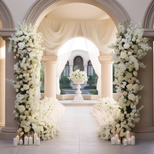 Two 6-foot-tall floating arches adorned with white roses and hydrangeas framing an entry door.
