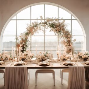 A white and blush silk floral arch set behind a 5-foot head table adorned with coordinating vases and tapered candles.