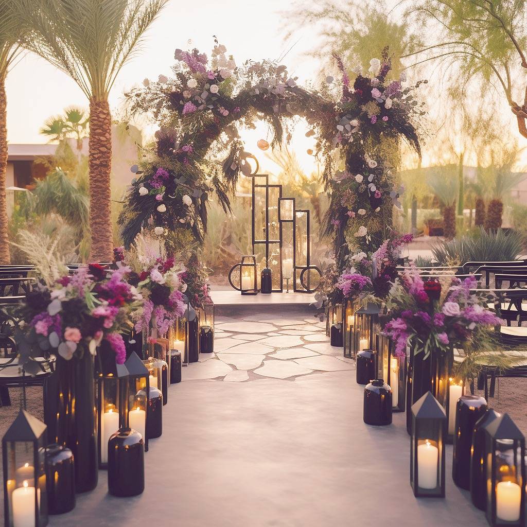 Ethereal Twilight Garden Arch - An 8ft tall floating arch adorned with regal purple florals, surrounded by a path of enchanting florals and black lanterns, creating a dreamlike wedding ambiance