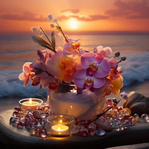 A small but artistically profound centerpiece featuring mauve and light orange orchids intermingled with silver pearls, surrounded by glowing candles.
