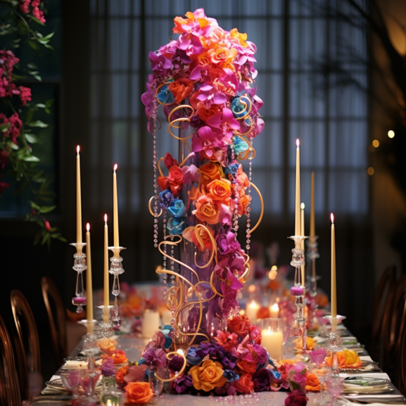 A striking three-foot-tall centerpiece with cascading sunset-colored roses, orchids, and lilies, adorned with gold accents and hanging crystals, beautifully arranged in a sleek glass vase.