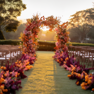 Royal Garden Elegance Floral Arch - A stunning 8ft tall arch adorned with captivating purples, oranges, and yellows; colors subject to availability