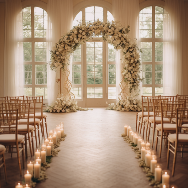 Timeless Elegance: A traditional white arch adorned with white florals and greenery, set against a candle-lit aisle with scattered petals
