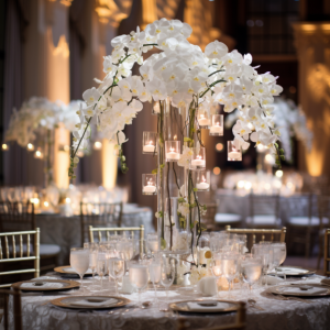 An elegant centerpiece featuring bright white orchids cascading down a three-foot-tall clear glass vase, delicately illuminated by hanging tea lights.