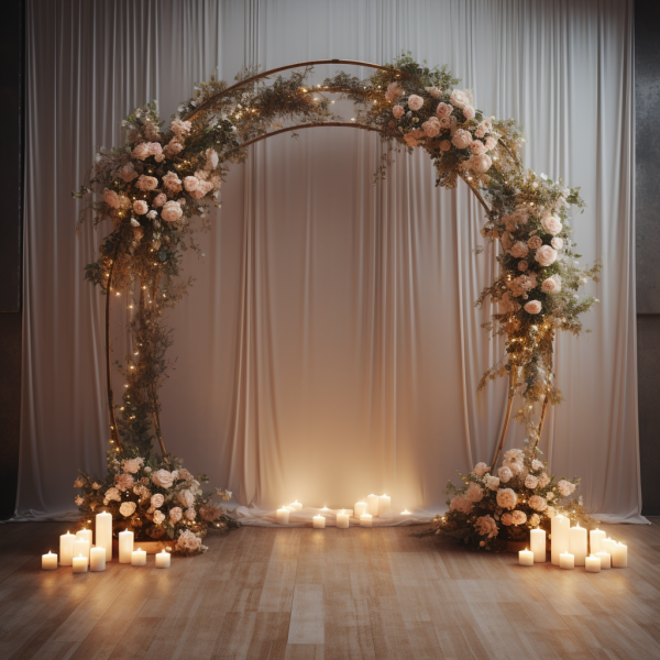 Ethereal Rose Radiance Arch - A round arch adorned with blush roses, fairy lights, and LED candles